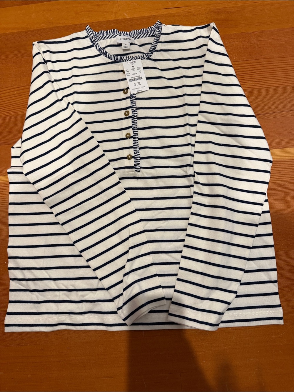 J. Crew White and Navy Striped Long-Sleeve Henley Top
